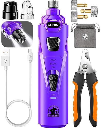 Dog Nail Grinder with 2 LED Lights Powerful 2 Speeds Super Quiet Dog Nail Trimmers with 3 Grinding Wheels Rechargeable Pet Dog Nail Clippers for Large Medium Puppy Dogs Dog Nail File Cat Nail Clipper