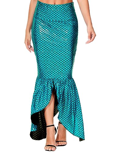 Women Blue Mermaid Costume Sparkly Maxi Tail Skirts Elastic Waist Cosplay Sequin Long Skirts XL