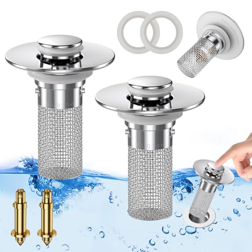 Bathroom Sink Stopper Hair Catcher, Pop-up Sink Drain Strainer with Removable Stainless Steel Strainer Basket Hair Catcher, Bathroom Sink Strainer for Bathroom Sink Stopper Replacement. (2PCS)