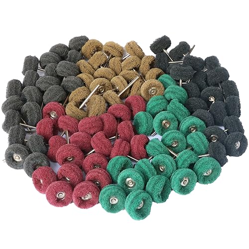FPPO 100PCS Abrasive Buffing Polishing Wheel Set for Rotary Tool,Mini scouring pad Brush Polishing kit, Removal of Rust,Deburring on Metal Surface,with 3mm Mandrel