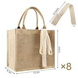 HEVMEVENI 8 Pcs Burlap Tote Bags Bulk, Reusable Jute Tote Bag with 10Yd Ribbon Blank Burlap Gift Bag with Handle Waterproof Beach Tote Bag for Shopping Bridesmaid Gifts Bag 12.2''x10.6''x6.3''