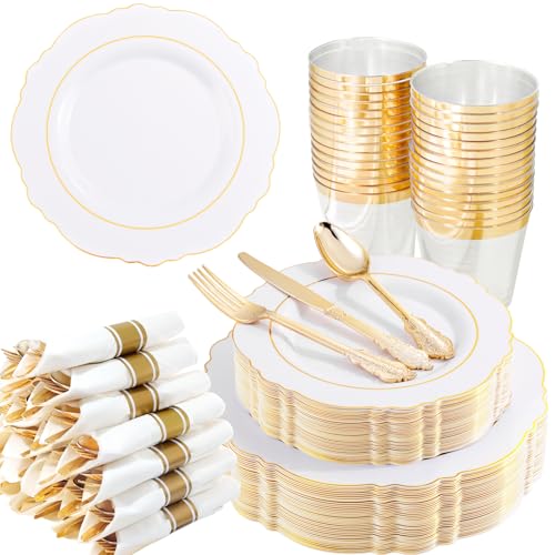 Liacere 350PCS Gold Plastic Plates-Disposable White and Gold Plates 50guest Baroque Plastic Dinnerware include 100Plates, 50Pack Pre Rolled Napkins with Silverware 50Cups for Wedding&Mother's Day