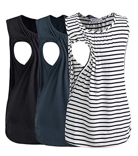 Smallshow Women's Maternity Nursing Tank Tops Breastfeeding Clothes 3-Pack Medium Black-Dark Grey-White Stripe