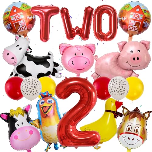 Farm Birthday Party Supplies 2 Year Old Farm Balloons Set Includes Round Farm Animal Letter Number 2 Foil Latex Balloons, Suitable for Farm Party