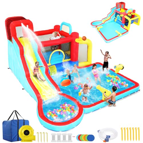 Inflatable Bounce House Water Slides, 15FTx11.5FT Extra Large Waterslide Jumping Castle with Kids Swimming Pool, Water Slides, Water Cannons, Basketball Hoop for Kids Backyard (Splash Stadium)