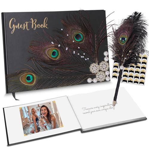 Vijiv Personalized Wedding Guest Book for Wedding Reception Signs, Bridal Baby Shower, Peacock Feather Hardcover Guestbook for Table Decoration Engagement Birthday Party Event, Photo Corners and Pen