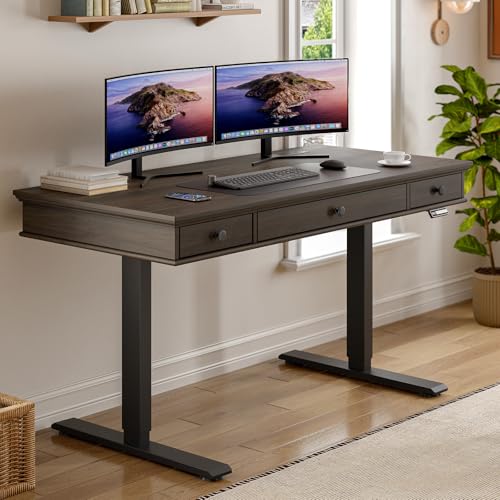 ONBRILL Standing Desk with Drawers, 55 x 23 Inch Electric Height Adjustable Desk with Storage & Outlets, for Computer Workstation, Home Office, Retro Curved Table Corner Design, Walnut