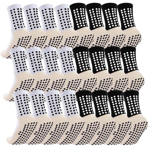 Ukontagood 12 Pack Men's Soccer Socks Anti Slip Non Slip Grip Pads for Football Basketball Sports Grip Soccer Socks White+Black