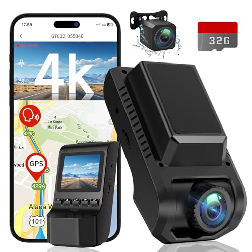 Ecomoment Dash Cam Front and Rear, 4K Ultra HD+1080P Dash Camera for Cars, Built-in Wi-Fi GPS, Included 32GB Card, 2.0'' IPS Screen Mini Car Camera, App, Night Vision, 170°Wide Angle, 24H Parking Mode