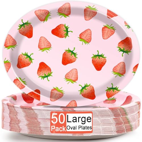 Qyeahkj 50 PCS Strawberry Oval Paper Plates Large 11” Disposable Strawberry Party Decorations Berry Sweet Supplies Favor for Birthday Summer Fruit Party Baby Shower Tableware Set