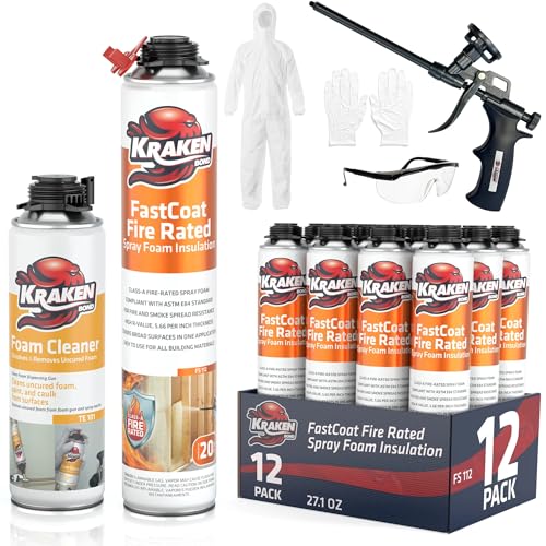 Kraken Bond Fastcoat Fire Rated Spray Foam Insulation Kit Closed Cell in a Can 240 sq ft (12x27.1 oz.) - Wide Polyurethane Spray Foam for Garage Door, Attic, Wall Gun & Cleaner Included, 12 Pack