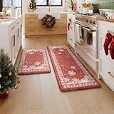 KIMODE Christmas Kitchen Mats for Floor Anti Fatigue, Boho Red Snow Kitchen Rugs Sets of 2, Memory Foam Kitchen Mats for Floor, Christmas Kitchen Decor for Sink Laundry Office Desk 17"x47"+17"x29"