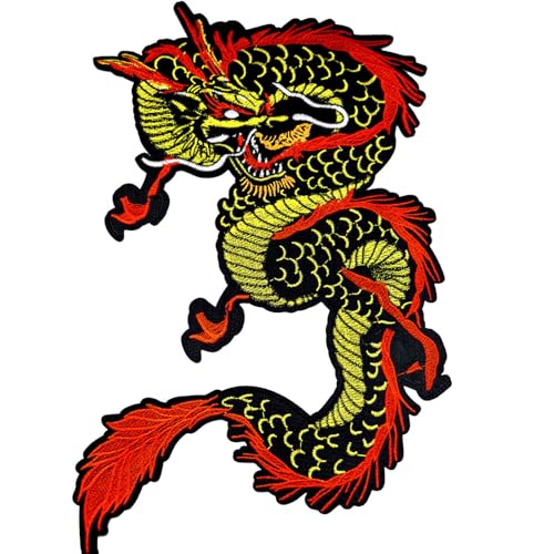 12.99 Inch Large Dragon Embroidery Patch - Iron On/Sew On Applique for DIY Costume Decoration Jackets, Hoodies, Sweaters, Jeans,Bags, Pants etc - Durable & Vibrant Design(Gold & Red)