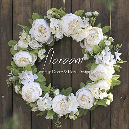 Floroom Floral Wreath, 20" Artificial White Peony Hydrangea Wreath for Front Door Wedding Decorations Wall Decor