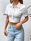 SHENHE Women's Short Sleeve Button Up Shirt Casual Collared Cropped Button Down Top White S