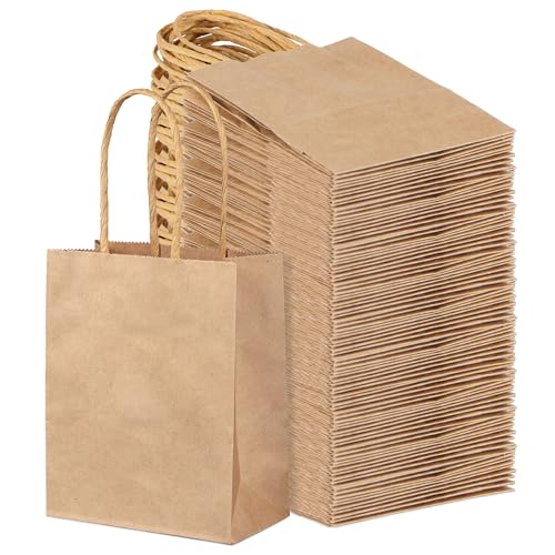 PINWATT 120Pcs Mini Gift Bags Bulk Kraft Paper Bag - 4.7"x2.4"x6.5" Small Brown Gift Bags for Party Favors, Shopping, Wedding, Retails, Birthday, Baby Showers