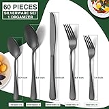 60-Piece Black Silverware Set with Organizer, AIVIKI Stainless Steel Flatware for 12, Cutlery Utensil Set for Home Restaurant, Tableware Includes Knife Fork Spoon Set, Mirror Polished