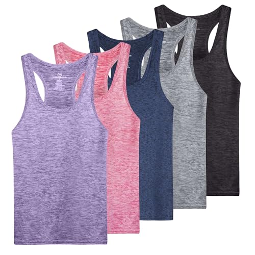 5 Pack: Womens Quick Dry Fit Ladies Tops Blouse Tee Athletic Yoga Workout Running Gym Active Tees Exercise Women Racerback Sleeveless Flowy Fitness Loose Fit Moisture Wicking Tank Top - Set 7,M