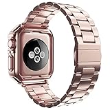 Designed for Apple Watch Band and Case, Stainless Steel Metal Chain with TPU Cover, Smart-Watch Link Bracelet Strap, Wrist-Band for i-Watch Series 9 8 7 6 5 4 3 2 1 SE, 45mm 44mm 42mm, Rose-Gold