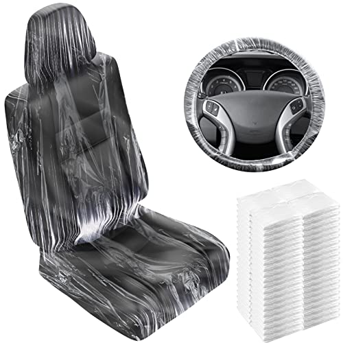 Yahenda 400 Pieces Disposable Car Seat Covers Plastic Disposable Steering Wheel Seat Protective Covers for Airplane, Salon Chairs, Restaurant, Bus and More