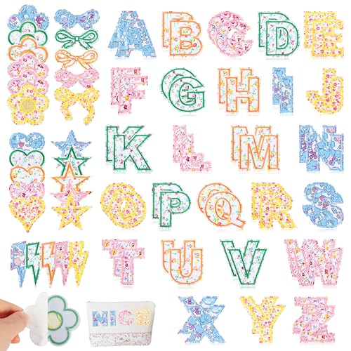 Self-Adhesive Letter Patches for Kids Bags: NICEVINYL 78PCS Multicolor Floral Fabric Varsity Letters Stick on Patches - Cute Flower Star Heart Lighting Bows Sticker for Clothing Jackets Jeans Caps