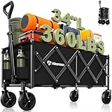 Hikemoon 34'' Extra Long Collapsible Wagons Carts Foldable, 360LBS Heavy Duty Folding Beach Wagon Cart with Wheels, Portable Utility Outdoor Wagon for Grocery, Shopping, Garden, Sports, Camping, Black