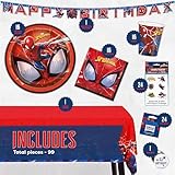 Spiderman Birthday Party Supplies and Decorations, Spiderman Party Supplies, Serves 16 Guests, Includes Tableware and Decor with Table Cover, Banner, Plates, Napkins & More, Officially Licensed