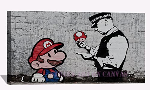 BOHU ARTS Banksy Wall Art Mario and Policeman Banksy Graffiti Street Canvas Art Framed Painting for Bedroom Livingroom Office Ready to Hang