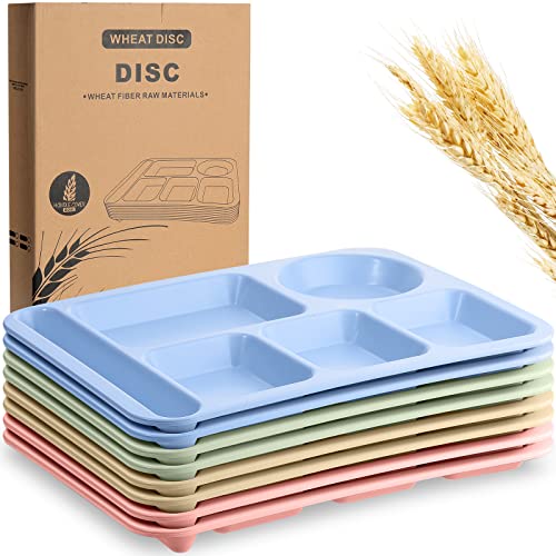 Pinkunn 8 Pcs Large 14 Inch Wheat Straw Divided Plates Unbreakable Divided Plates Dinnerware Set Microwave Dishwasher Lunch Tray Lightweight Plates(Multicolor)