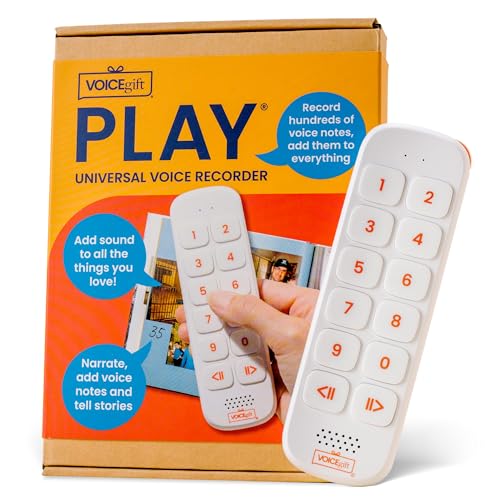 VoiceGift PLAY – Screen-Free Voice Recorder and Audio Playback Device, Add Meaningful Messages to Journals, Albums and Keepsakes, USB Rechargeable Digital Recorder with Speaker, Clip and Strap