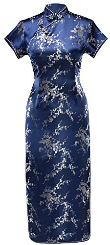 7Fairy Women's VTG Navy Blue Floral Long Chinese Prom Dress Cheongsam Size 14 US