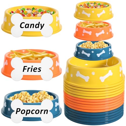 DANHMAO 15 Set Dog Paw Plastic Bowls Dog Cartoon man Theme Party Supplies Blue and Yellow Food Trays Decorations with Bone Cards for Table Dog Puppy Party