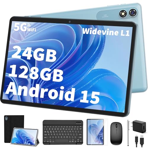 Android Tablet with Keyboard,10 inch Android 15 tablet, 24GB RAM 128GB ROM, 1TB Expand, Octa-Core, Widevine L1, 2.4G/5G WiFi, 8000mAh, Bluetooth, GMS, 2 in 1 Tablet with Case, Mouse, Stylus (Black)