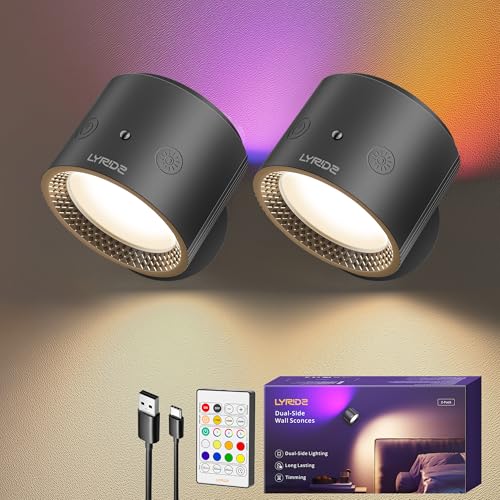 Lyridz Dual-Side LED Wall Sconce, 5000mAh Rechargeable Wall Mounted Lights with Remote, 8 Color Temperatures & Dimmable with RGB, Magnetic 360° Rotation Cordless Light for Bedroom Bedside, 2 Pcs