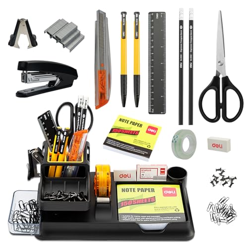 deli Office Desk Supplies, 17Pcs Black Desk Organizers and Accessories with 4 Pens,Tape Dispenser,Stapler,Staples,Staple Remover,Pen Holder,Scissor,Ruler,Eraser,Note Pad,Cutter,Clips Set