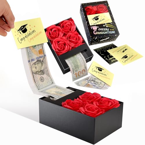 Graduation Money Box for Cash Gift Pull, Money Gift Boxes for Cash on Graduation Gifts, for Friends, Students, Classmate, Further Studies, Graduates with Soap Rose Flower and Greeting Cards (Gold)