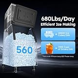 Commercial Ice Machine 680LBS/24H,Storage 560LBS,Large Industrial Ice Maker,Ice Ready in 5-15min,with Self-Cleaning Mode,with Timing Function,30 Levels of Ice Thickness Adjustment,Stainless Steel