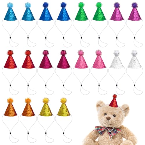 Okllen 20 Pieces Mini Birthday Hats for Stuffed Animals, Tiny Cone Party Hats with Pom Poms Glitter for Small Pets, Adjustable Cat Dog Rabbit Costume Hat for Birthday, Holiday (10 Colors)