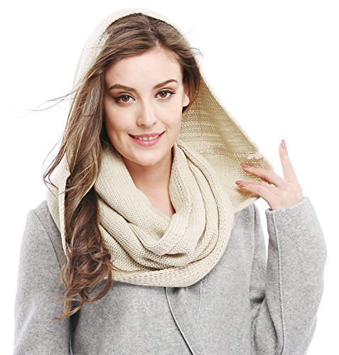Winter Soft Pullover Knit Infinity Scarf Beanie Hoodie Scarf, Beige