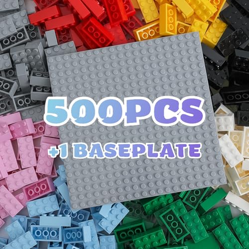 HUIZDQ 500 Piece Classic Building Bricks and 1 Gray Baseplate, 2x4 Bricks Bulk Creative Building Toys, Blocks Bulk for Kids Ages 6+, 8 Colors