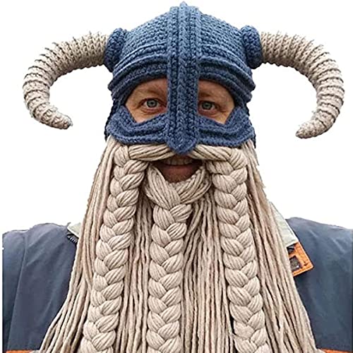 Adult Long Beard Viking Knit Hat Barbarian Bull Horn Handmade Knitted Beanie Hat Warm Funny Ski Cap Funny Party hat