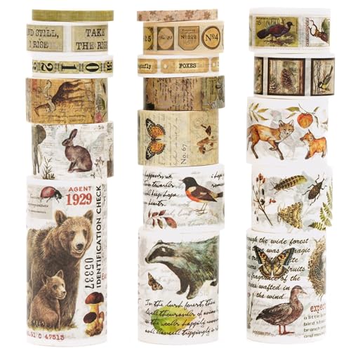 Songdao 18 Rolls Vintage Washi Tape Pack Retro Arts Adhesive Tapes Wide Monologue Decorative Masking Tape Sets for Craft, Kids, Scrapbook, DIY, Gift Wrapping (Jungle Trails)