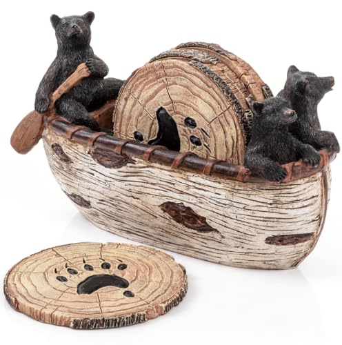 Bear Coasters Set of 6 Full Size Rustic Coasters in Handmade Canoe with Adorable Black Bear Figurines | Black Bear Log Cabin Decorations, Rustic Lodge Decor for The Home