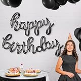 Black Happy Birthday Balloons Banner | Script/Cursive Silver Letter Balloon Sign for Birthday Party Decor/Decoration | Foil Mylar Happy Birthday Banner