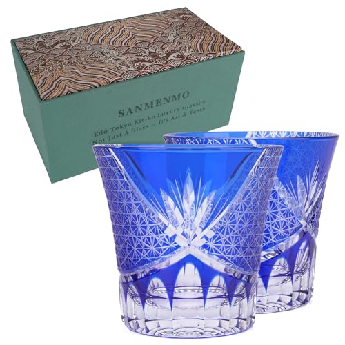 SANMENMO Luxury Whiskey Glasses- Japanese Style Kiriko Handcrafted High Transparency Crystal Old Fashioned Glass- Gift for Cocktail, and Rum Lovers-Set of 2