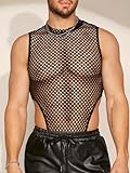 WDIRARA Men's Fishnet Mesh Mock Neck Vest Top Sleeveless Sheer Party Tank Tops Bodysuit Black Medium