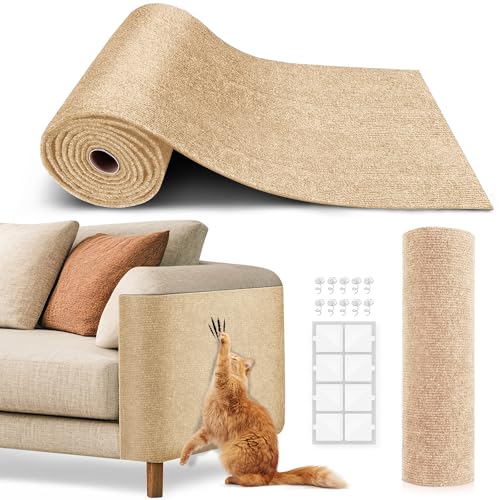 Cat Scratch Furniture Protector, Trimmable Self-Adhesive Carpet, DIY Climb Cat Scratcher Mat for Covering Cat Tower and Couch Protector from Cat Claws (78.7x15.8in Beige)