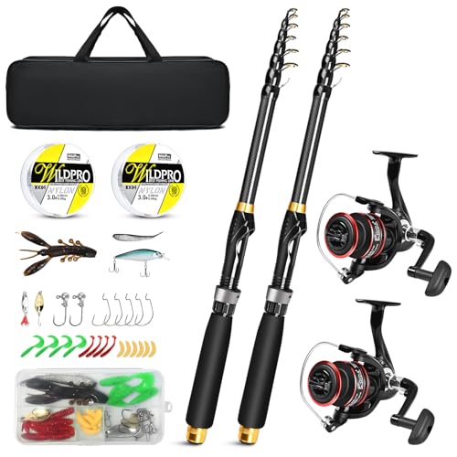 Kalynsung 6.89ft Fishing Rod and Reel Combo, 2PCS Telescopic Carbon Fiber Fishing Rod, Spinning Reels *2, Fishing Line *2, Fishing Hooks Bait Set, Portable Fishing Pole Set with Carrier Bag