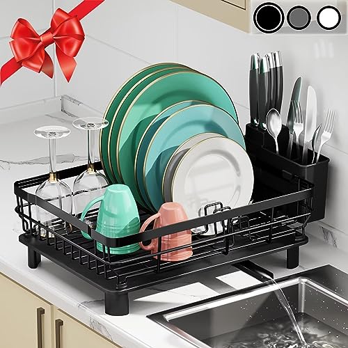 MOUKABAL Dish Drying Rack, Dish Rack, Stainless Steel Dish Racks for Kitchen Counter, Dish Drainer with Removable Utensil Holder, Drainboard (Black)