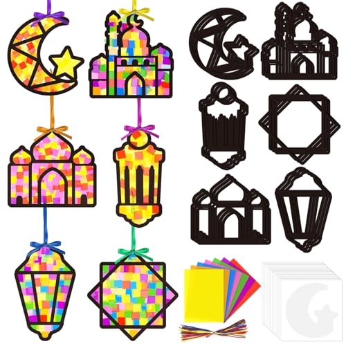 24 Ramadan Suncatchers Craft Kits Eid Mubarak Ornaments Stained Glass Window Arts and Crafts Kit for DIY Eid Classroom Home Holiday Projects Art Activities Religious Hanging Ornament Decoration